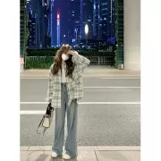 2022年新款早秋季别致小众上衣韩系衬衣格子长袖衬衫外套秋装女装