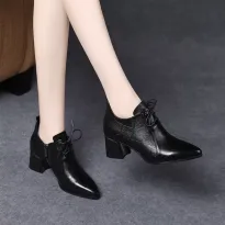 2022新款秋季女鞋真皮皮鞋女中跟深口单鞋春秋款软皮高跟鞋子秋冬