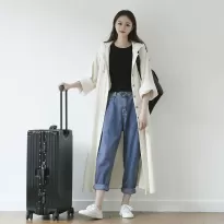 2022春秋文艺宽松灯芯绒长款过膝连帽气质风衣休闲大码外套女